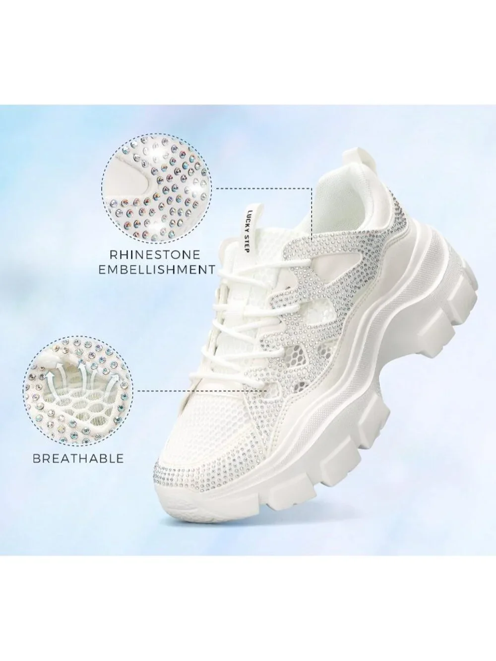 Women's White Rhinestone Lace-Up Color Block Chunky Platform Walking Sneakers